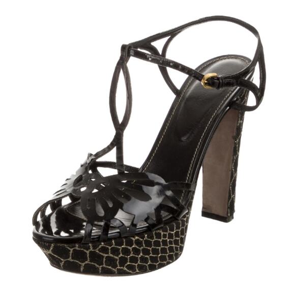 Sergio Rossi Black and Gold Textured Platform Sandals - Picture 1 of 11